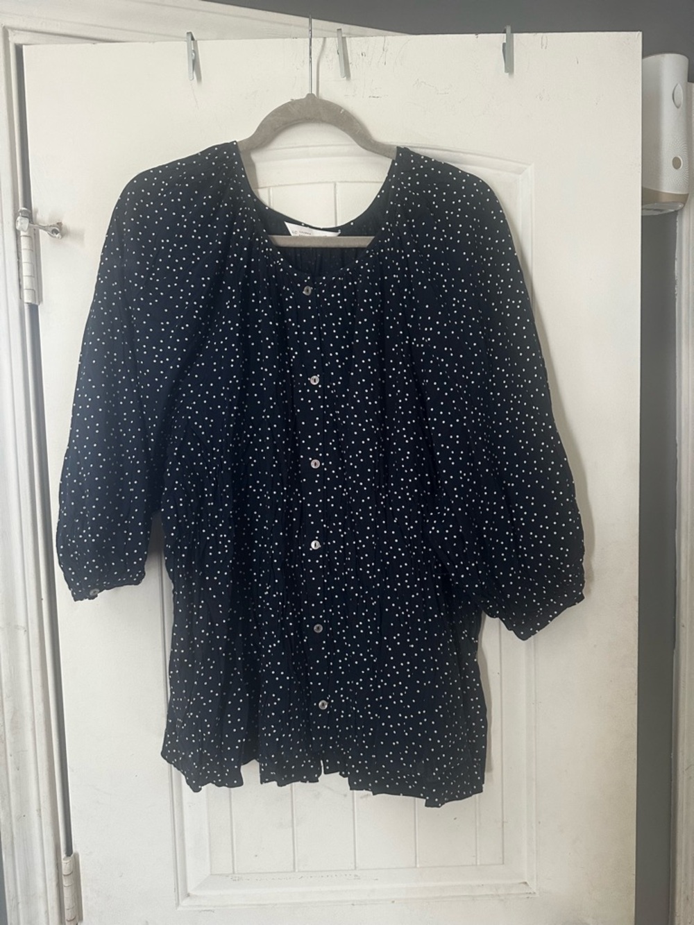 LC Lauren Conrad Navy Blue Peasant Disco Dot Button Front Blouse - 1X
